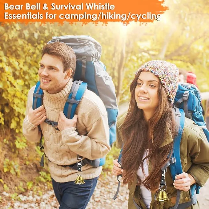 2" Bear Bell with Whistle Set for Hikers, Hiking Gear Solid Brass Camping Bear Bell with Whistle and Carabiner for Biking, Fishing, Climbing, Outdoor Camping & Hiking Protection