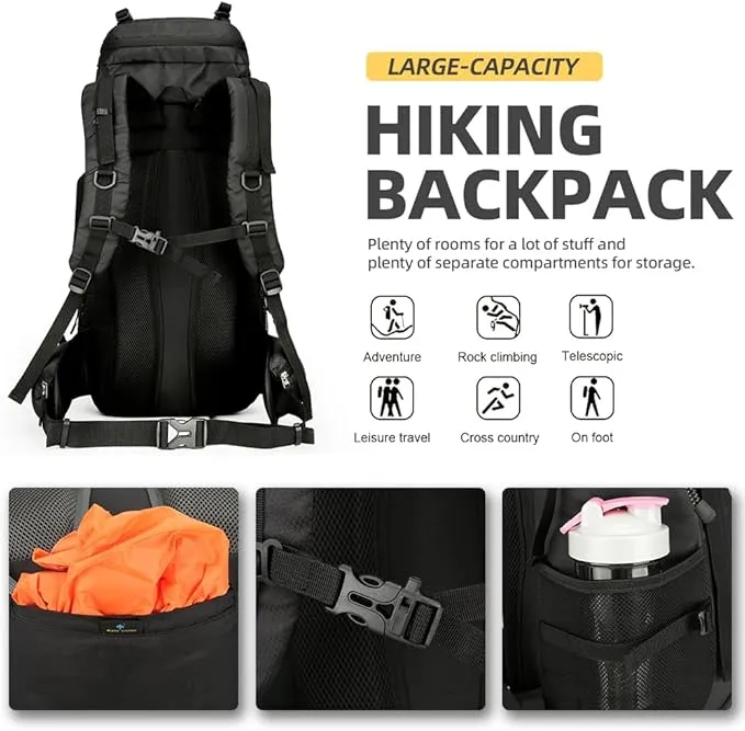 60L Hiking Backpack Lightweight Camping Backpack with Rain Cover Large Waterproof Packable Outdoor Trekking Travel Backpack for Men Women (Black)