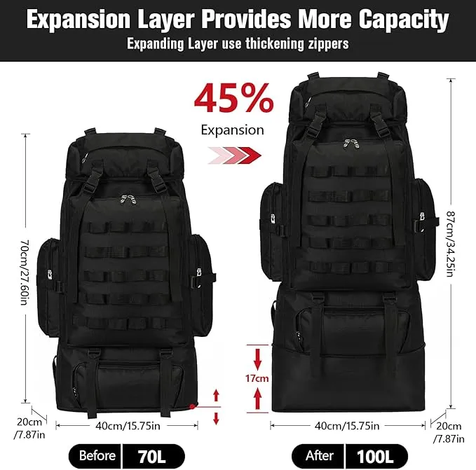 70L/100L Large Camping Hiking Backpack with Rain Cover, Waterproof Molle Rucksack Military Tactical Backpack, Lightweight Backpacking Backpack for Trekking Climbing Outdoor