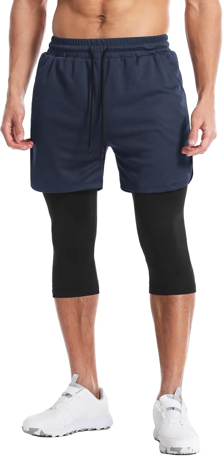 Aolesy Men's 2 in 1 Running Pants, Gym Workout Compression Pants for Men Training Athletic Pants