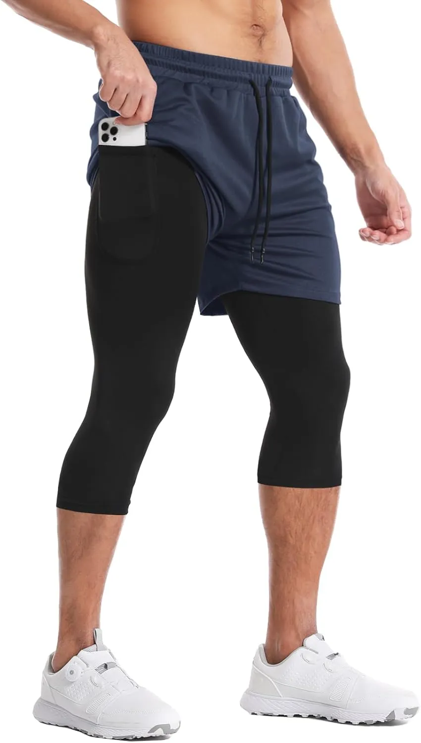 Aolesy Men's 2 in 1 Running Pants, Gym Workout Compression Pants for Men Training Athletic Pants