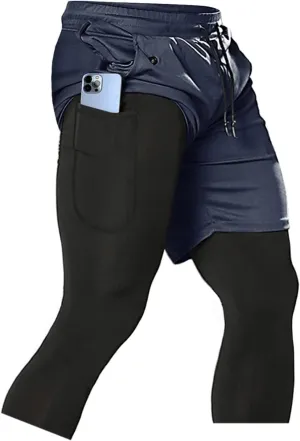 Aolesy Men's 2 in 1 Running Pants, Gym Workout Compression Pants for Men Training Athletic Pants