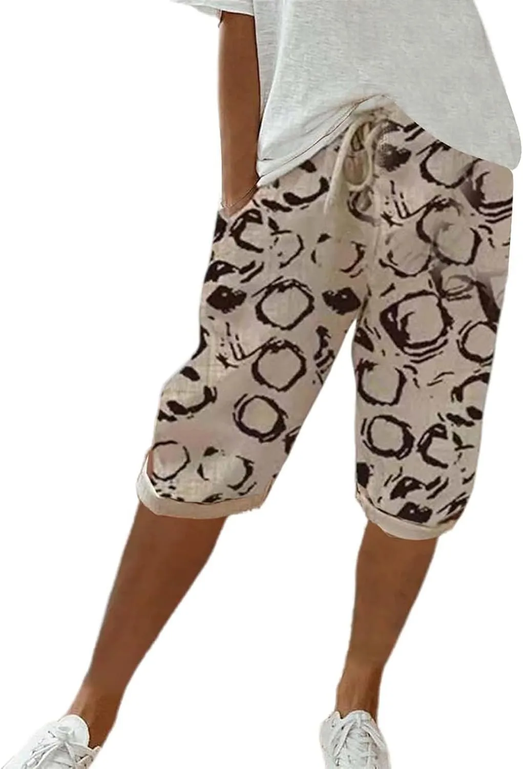Bermuda Shorts for Women Knee Length High Waist Palazzo Cotton Linen Casual Pants with Pocket Summer Beach Vacation