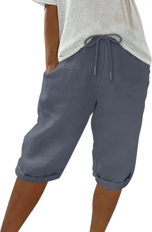 Bermuda Shorts for Women Knee Length High Waist Palazzo Cotton Linen Casual Pants with Pocket Summer Beach Vacation