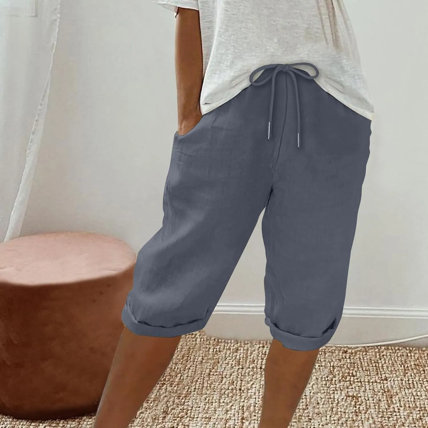 Bermuda Shorts for Women Knee Length High Waist Palazzo Cotton Linen Casual Pants with Pocket Summer Beach Vacation