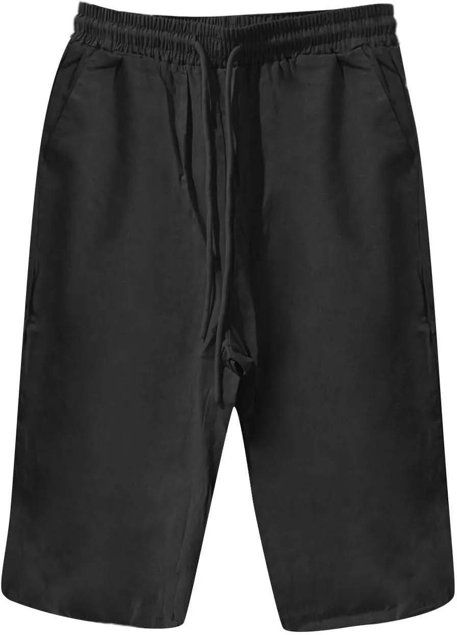 Bermuda Shorts for Women Knee Length High Waist Palazzo Cotton Linen Casual Pants with Pocket Summer Beach Vacation