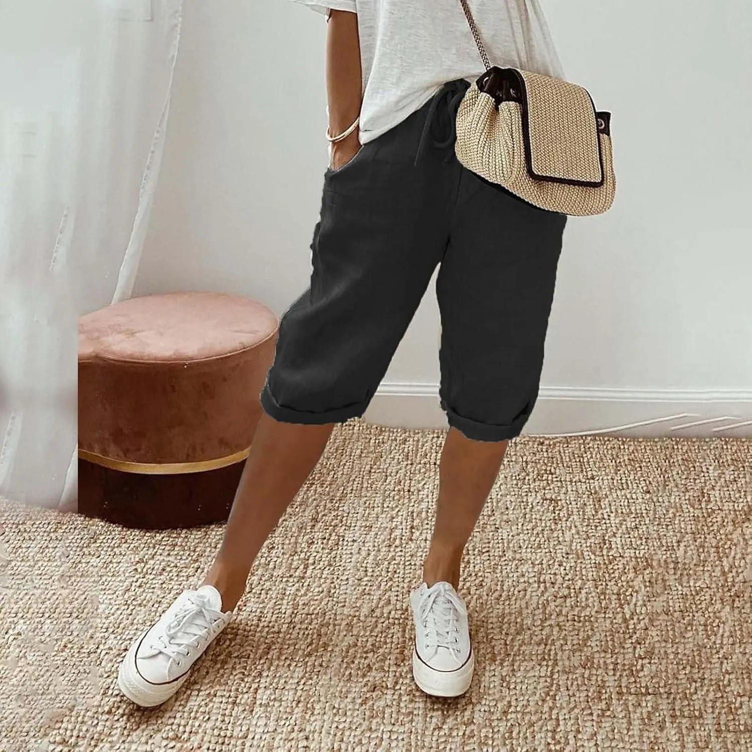 Bermuda Shorts for Women Knee Length High Waist Palazzo Cotton Linen Casual Pants with Pocket Summer Beach Vacation