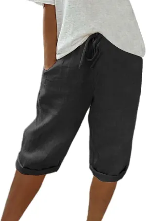 Bermuda Shorts for Women Knee Length High Waist Palazzo Cotton Linen Casual Pants with Pocket Summer Beach Vacation