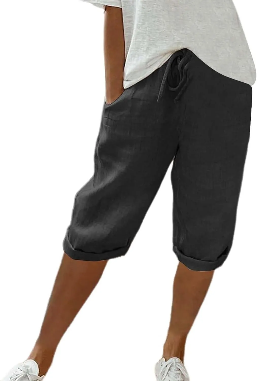 Bermuda Shorts for Women Knee Length High Waist Palazzo Cotton Linen Casual Pants with Pocket Summer Beach Vacation