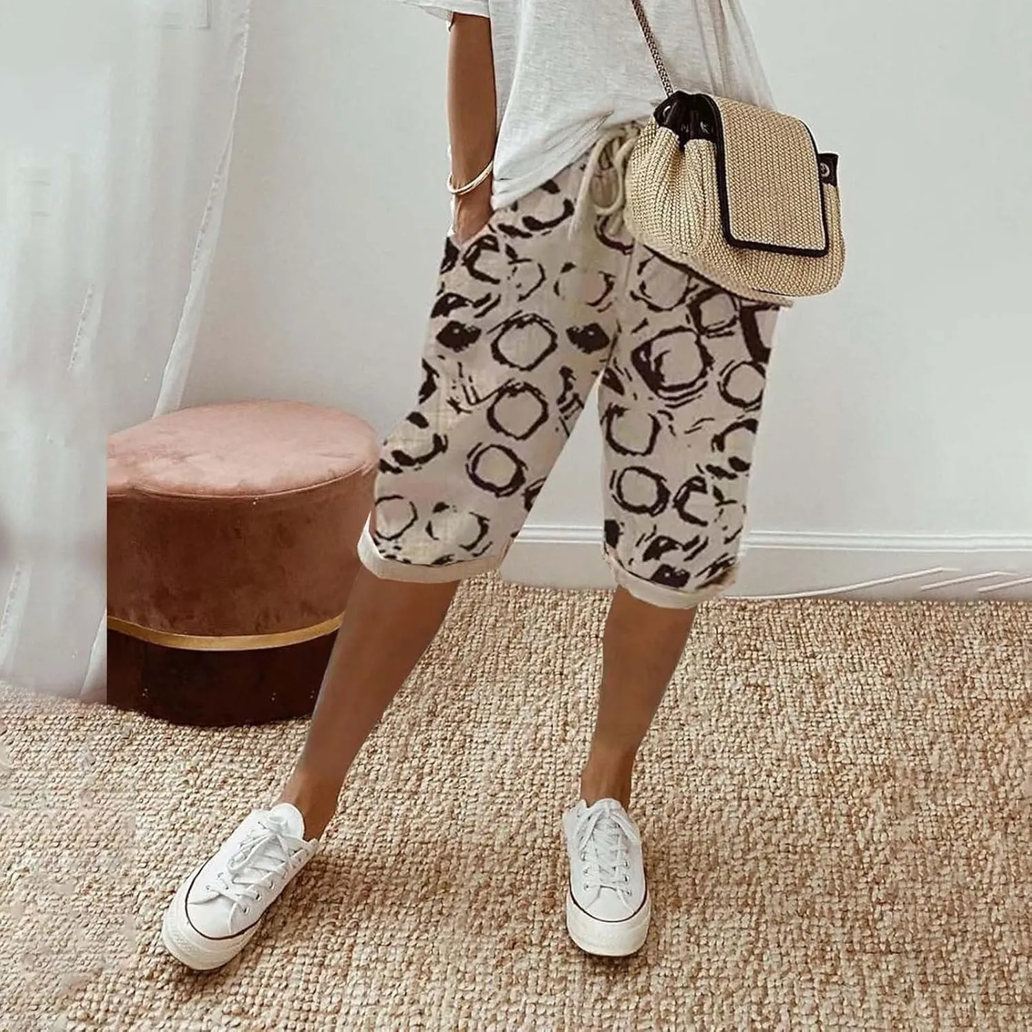 Bermuda Shorts for Women Knee Length High Waist Palazzo Cotton Linen Casual Pants with Pocket Summer Beach Vacation