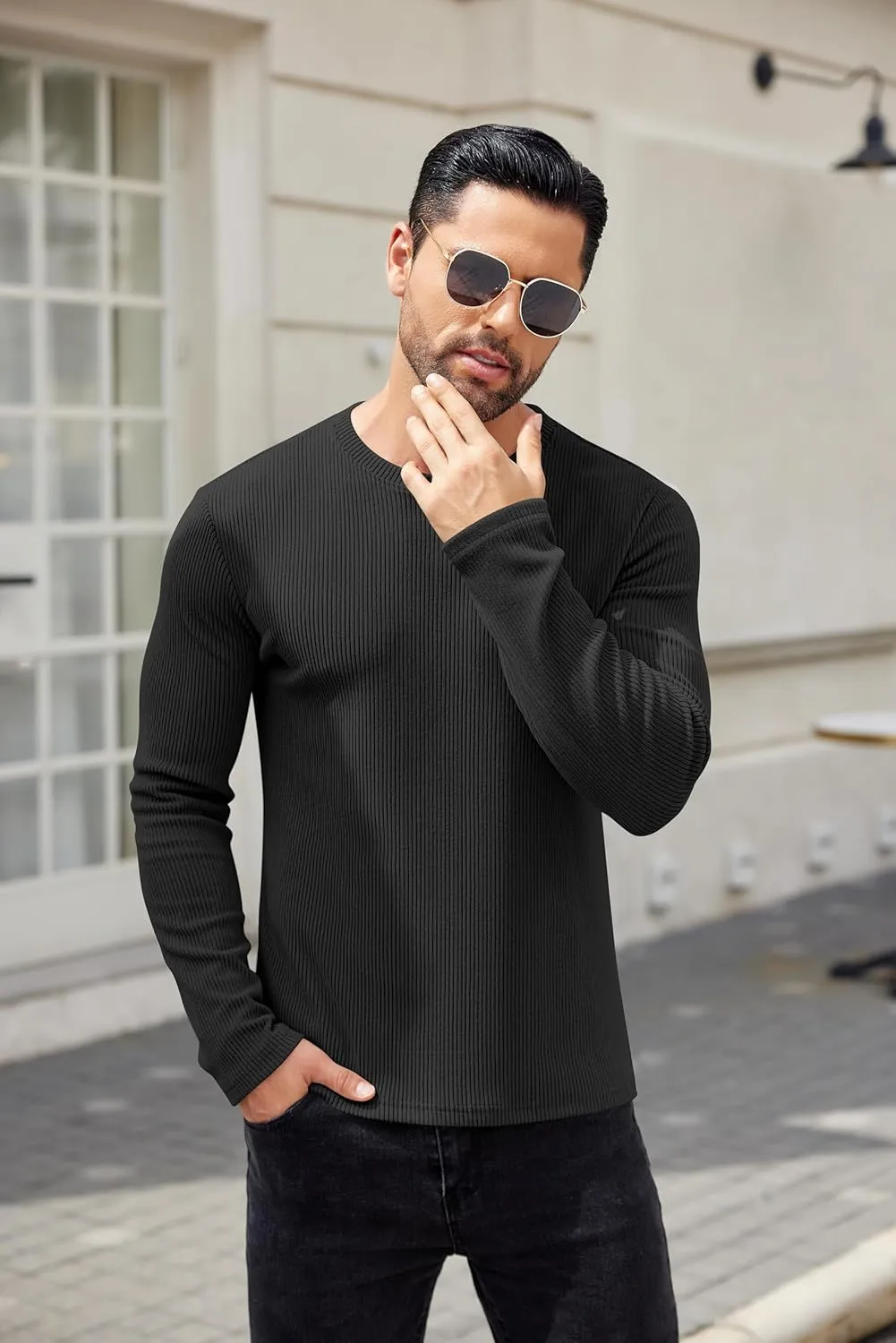 COOFANDY Mens Long Sleeve Shirts Thermal T-Shirt Slim Fit Crewneck Sweater Knitted Pullover Shirt