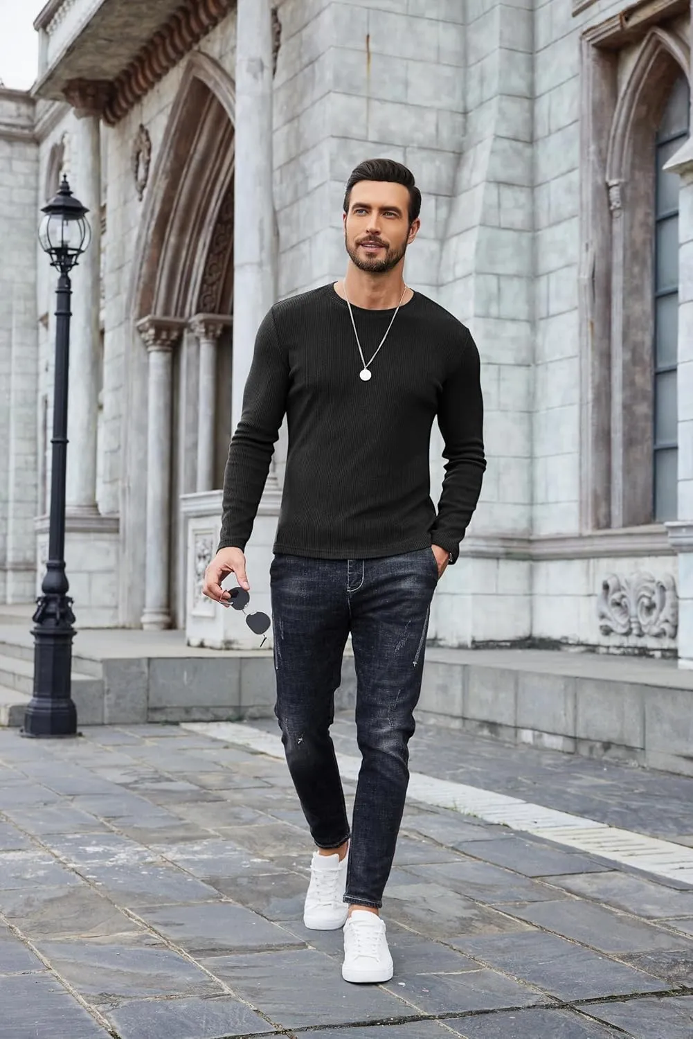 COOFANDY Mens Long Sleeve Shirts Thermal T-Shirt Slim Fit Crewneck Sweater Knitted Pullover Shirt