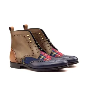 DapperFam Valiant in Tartan / Med Brown / Navy / Olive Men's Sartorial & Italian Leather Military Brogue