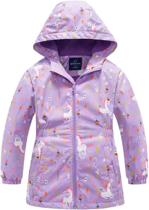 Girls Rain Jacket, Windbreaker Kids Raincoat Waterproof Zip Jacket with Fleece Liner