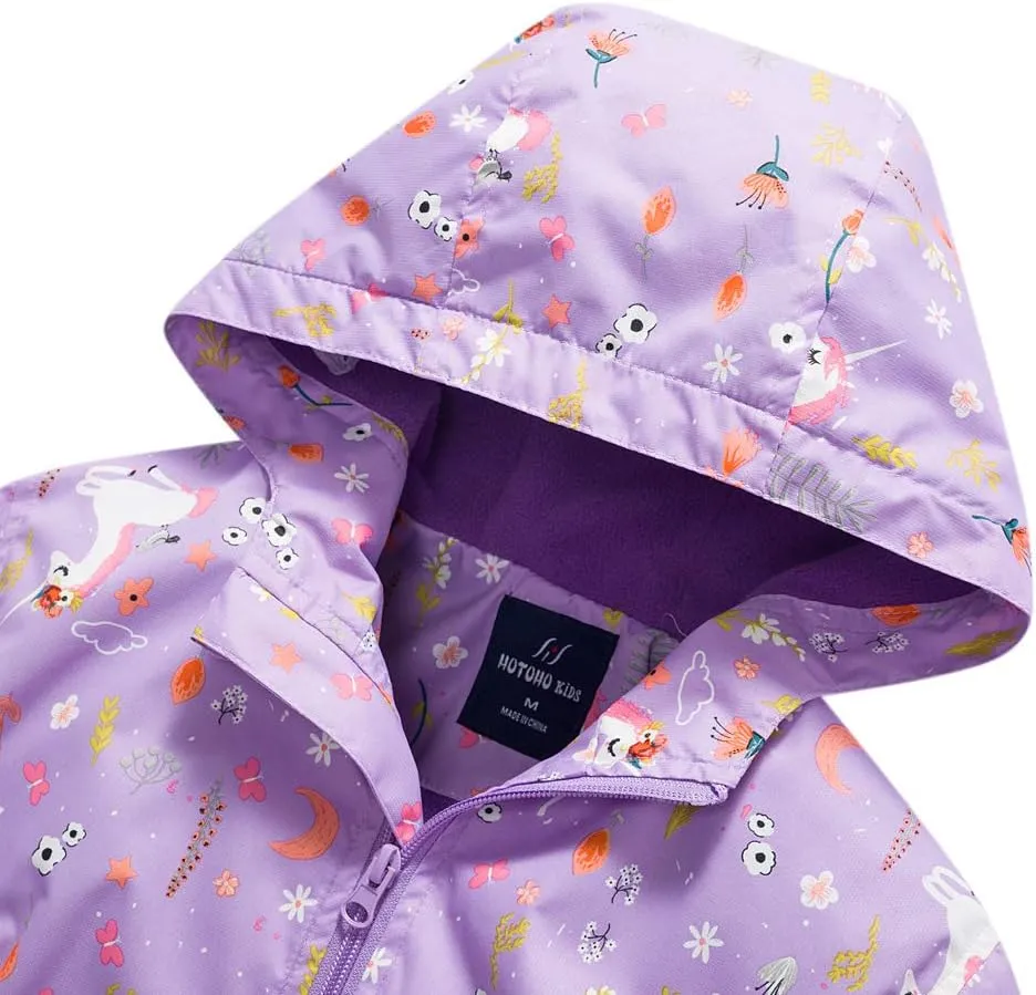 Girls Rain Jacket, Windbreaker Kids Raincoat Waterproof Zip Jacket with Fleece Liner