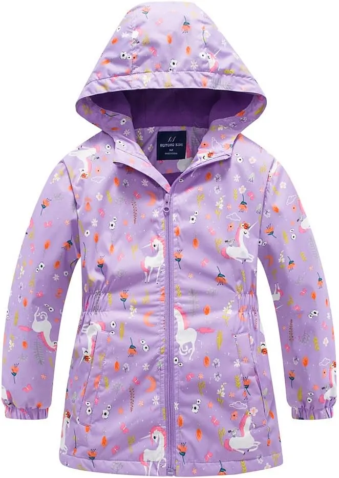 Girls Rain Jacket, Windbreaker Kids Raincoat Waterproof Zip Jacket with Fleece Liner