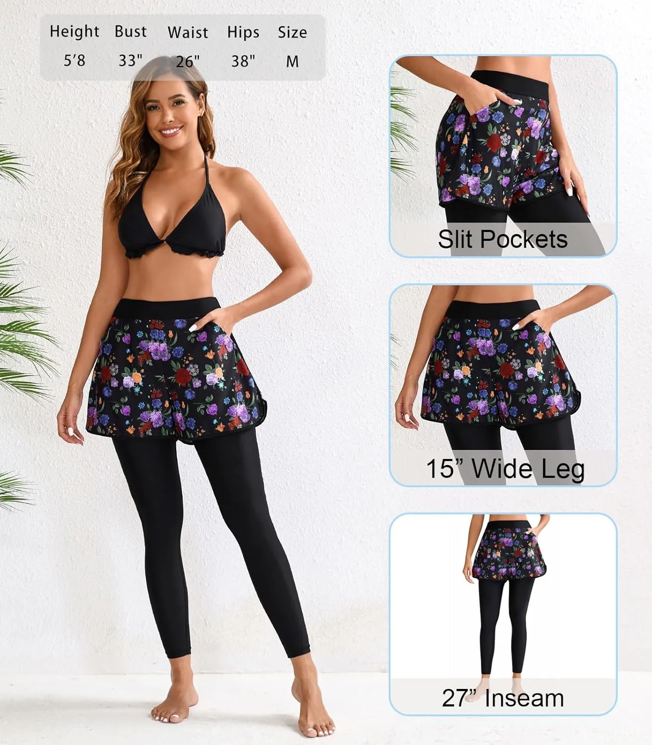 Halcurt Womens Swim Pants with Shorts 27" Swim Leggings Pockets Board Shorts Rash Guard Pants