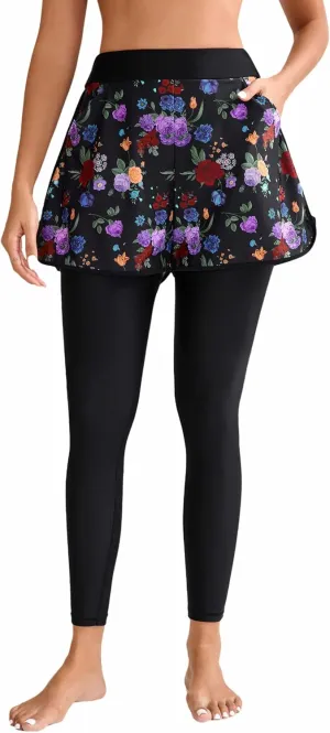 Halcurt Womens Swim Pants with Shorts 27" Swim Leggings Pockets Board Shorts Rash Guard Pants