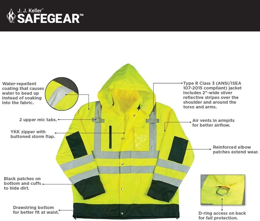 J. J. Keller & Associates, Inc. High Visibility Reflective Rain Jacket, Class 3, SAFEGEAR