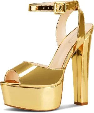 NobleOnly Womens High Block Platform Heel Peep Toe Ankle Strap Sandals Buckle Prom Dress Shoes 5.9 Inches Heels