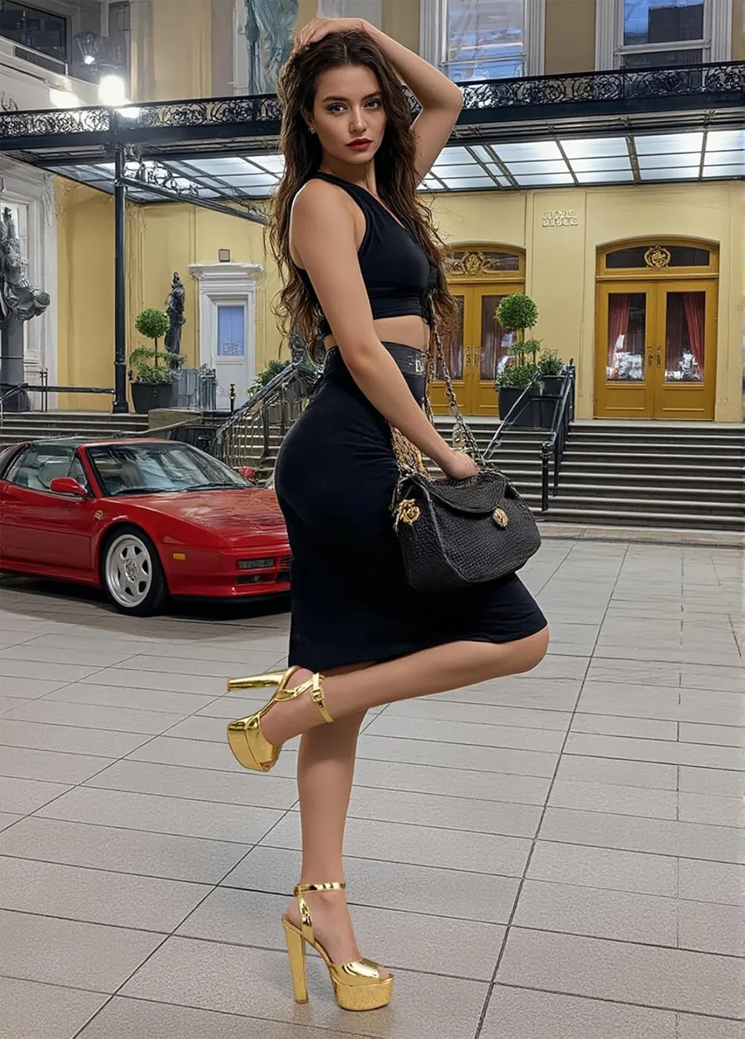 NobleOnly Womens High Block Platform Heel Peep Toe Ankle Strap Sandals Buckle Prom Dress Shoes 5.9 Inches Heels
