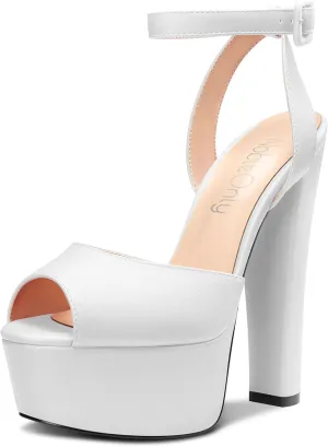 NobleOnly Womens High Block Platform Heel Peep Toe Ankle Strap Sandals Buckle Prom Dress Shoes 5.9 Inches Heels