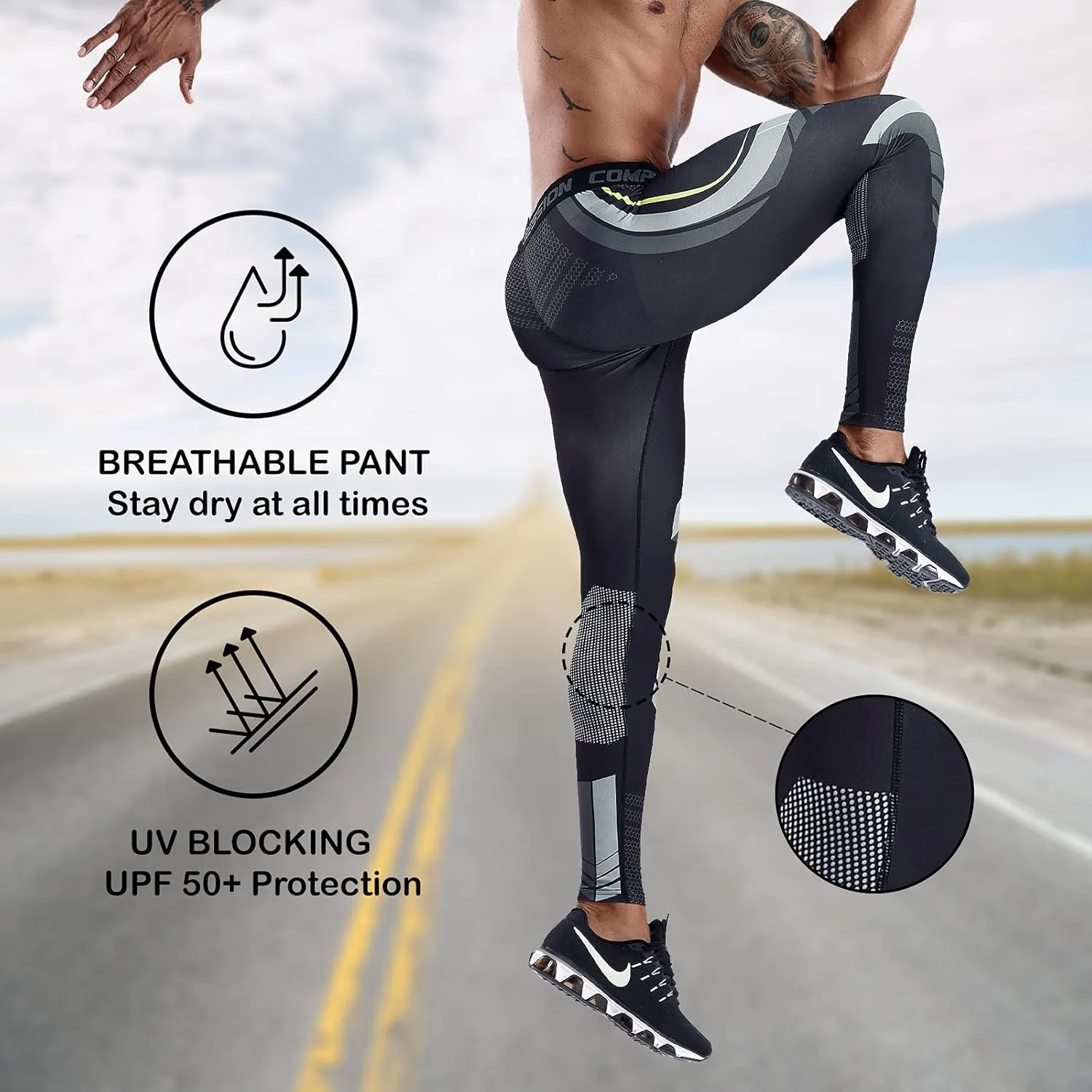 OEBLD Compression Pants Men UV Blocking Running Tights 1 or 2 Pack Gym Yoga Leggings for Athletic Workout