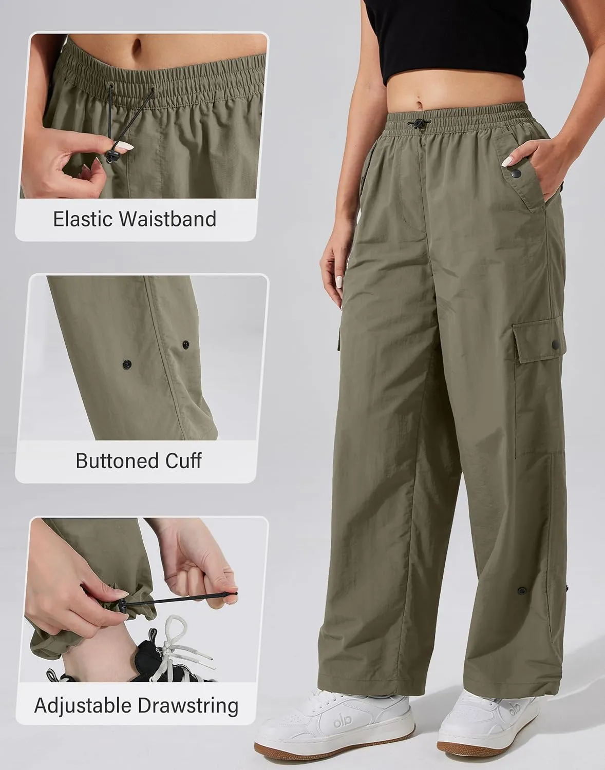 Pioneer Camp Womens Parachute Cargo Pants with Pockets Baggy High Waisted Quick Dry Hiking Pants Lightweight Wide Leg