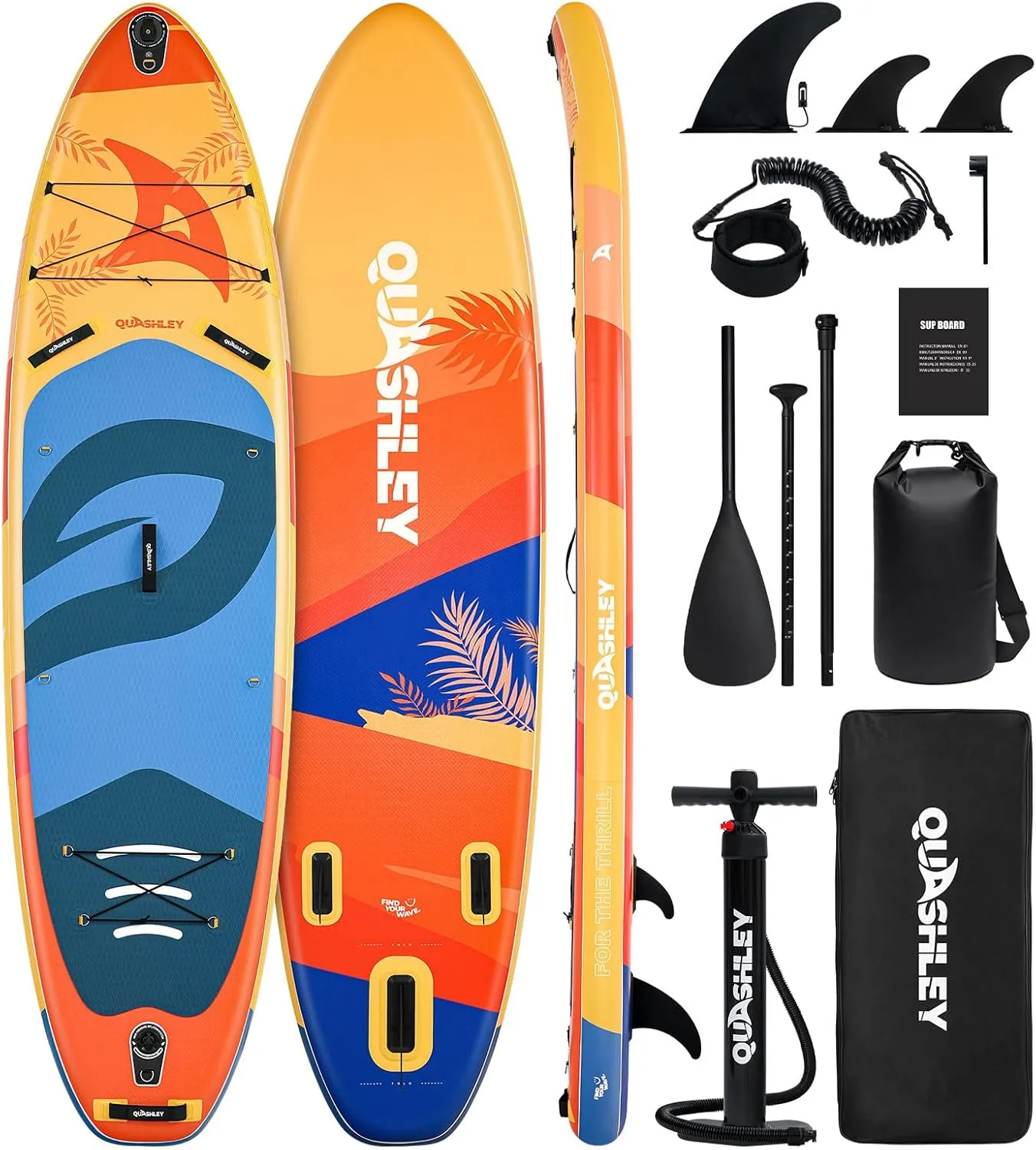 Quashley Inflatable Paddle Board 11ft34 inch Extra Wider Stand Up Paddle Board Stable Inflatable SUP with 10L Waterproof Bag,Pump,Paddle,3 Removable Fins and Portable Backpack