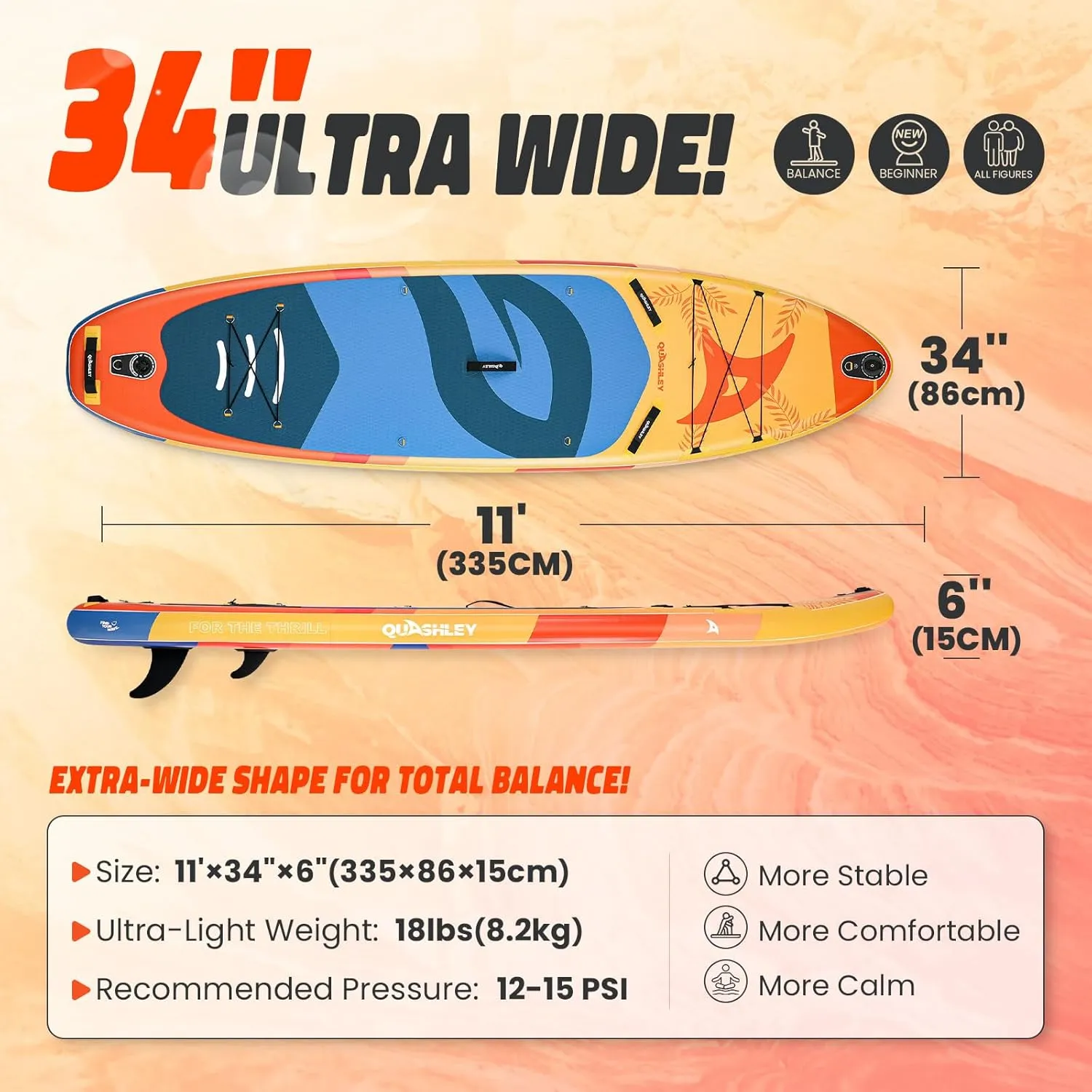 Quashley Inflatable Paddle Board 11ft34 inch Extra Wider Stand Up Paddle Board Stable Inflatable SUP with 10L Waterproof Bag,Pump,Paddle,3 Removable Fins and Portable Backpack