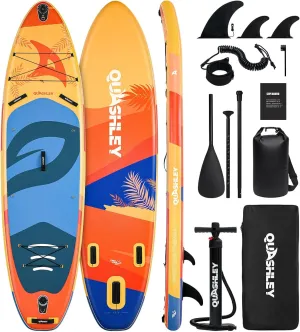 Quashley Inflatable Paddle Board 11ft34 inch Extra Wider Stand Up Paddle Board Stable Inflatable SUP with 10L Waterproof Bag,Pump,Paddle,3 Removable Fins and Portable Backpack