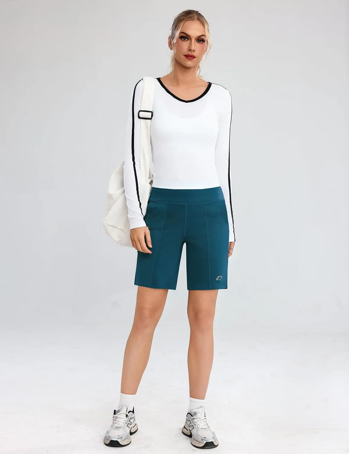 Quenteen Bermuda Shorts for Women 9" Knee Length Athletic Sweat Shorts High Waisted Yoga Jogger