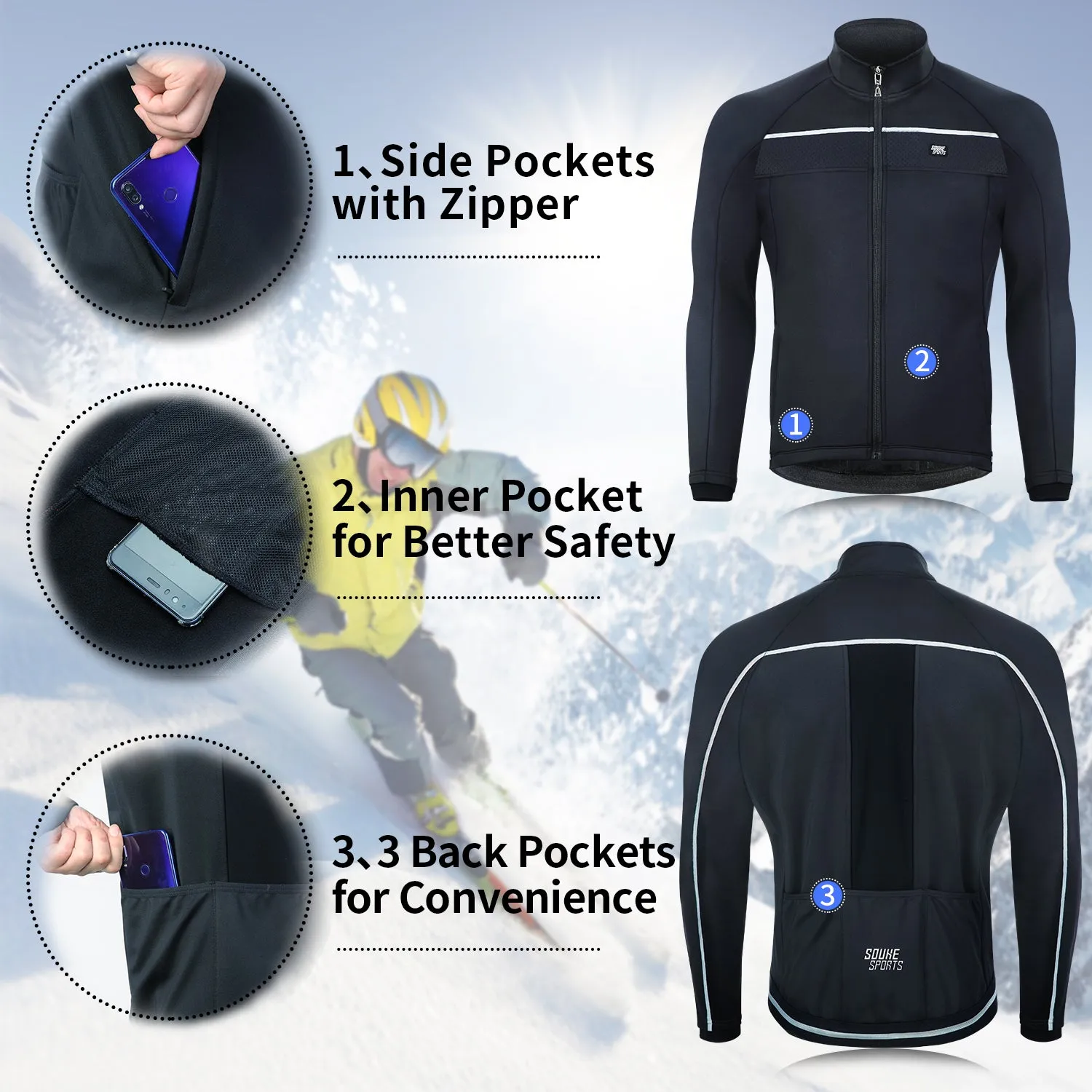 Souke Sports Men's Water Resistance Windbreaker Cycling Jacket with Pockets-JA0700-Black