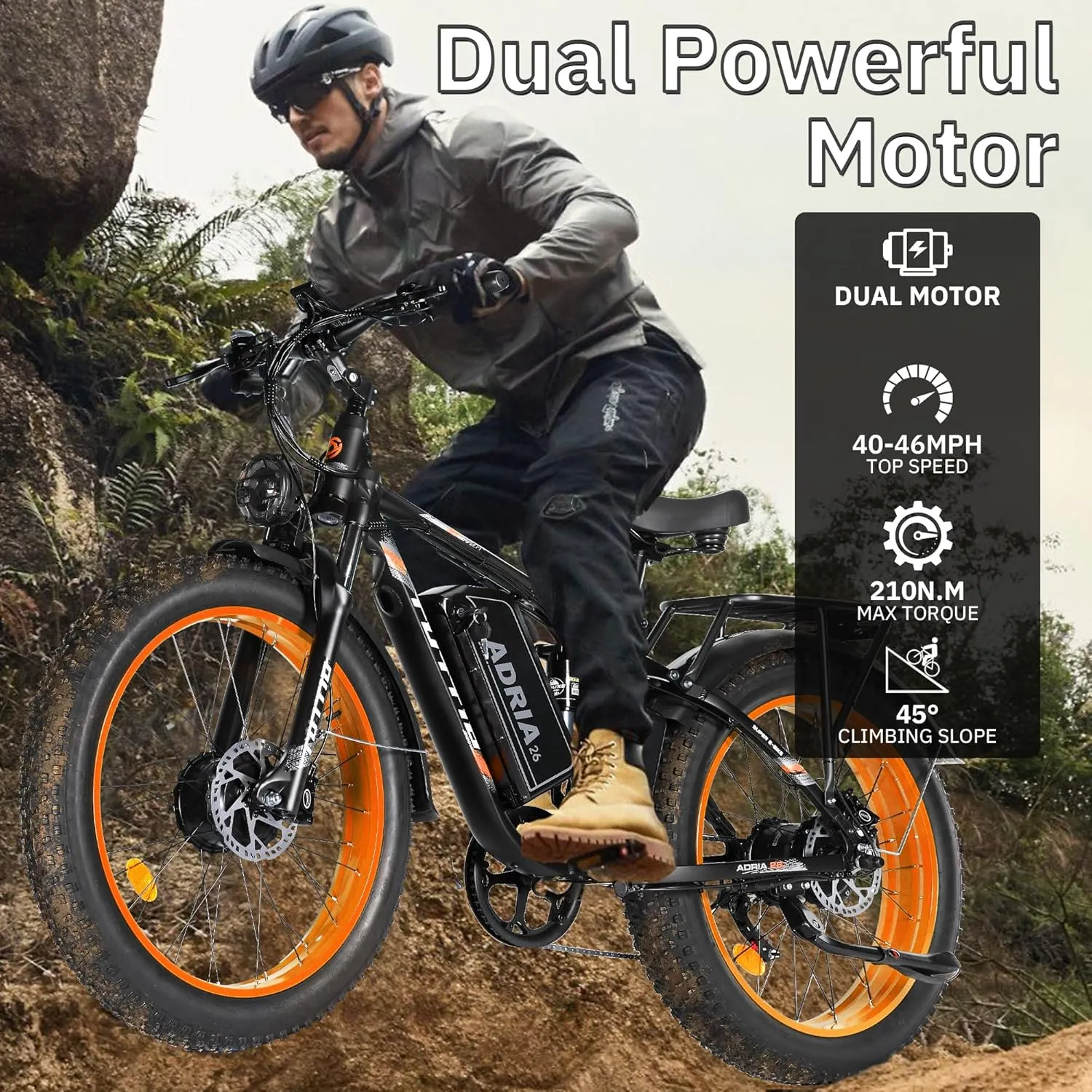 Tuttio Dual-Motor-Electric-Bike for Adults-Men, 40-46MPH-Fast-Ebike, 52V 30AH, Up to 80Miles, 26" Fat-Tire-Electric-Bicycle, Full Suspension Mountain Bike for Off-Road Snow Sand Hunting