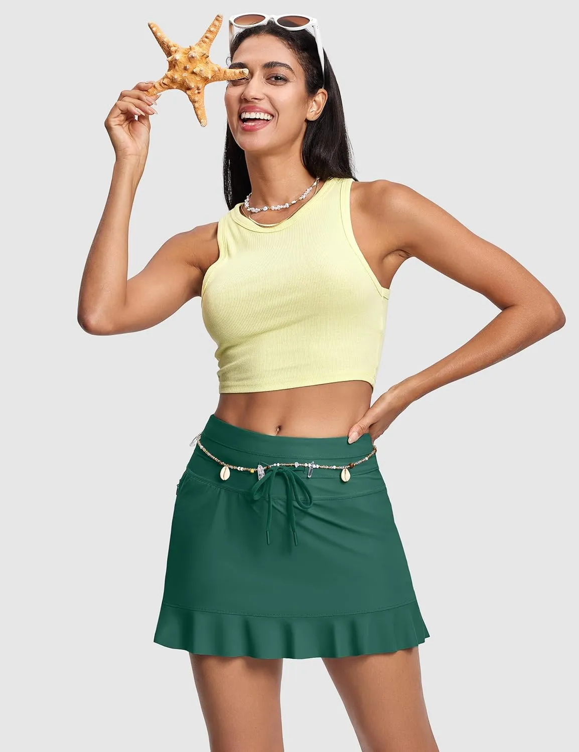 Women's High Waisted 15'' Swim Skirts Tummy Control Bathing Suit Skirt Bottoms Swimsuit with Boxer Liner Pockets